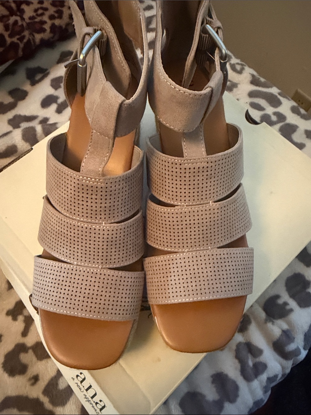 a.n.a Taupe Perforated Strappy Block Heel Sandals